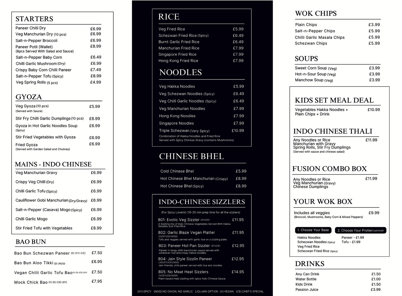 Raj Indo Chinese full menu — starters, gyoza, mains, bao bun, rice, noodles, Chinese bhel, sizzlers, wok chips, soups, kids meals, thali, combo boxes and drinks